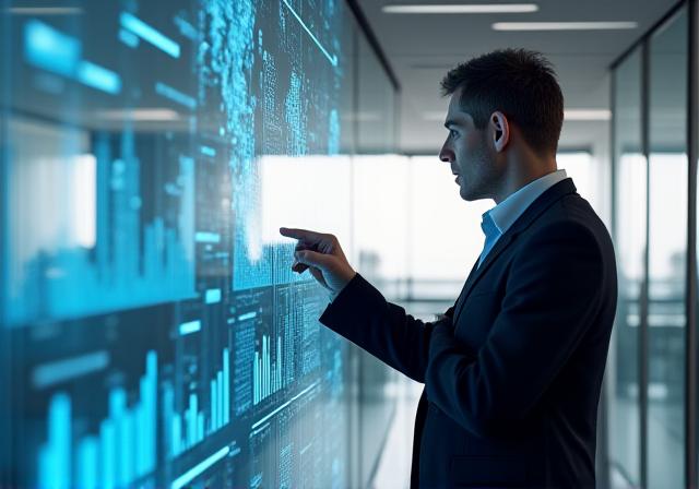 Logistics coordinator analyzing international trade routes on a transparent screen